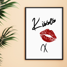 Load image into Gallery viewer, Custom black script print kisses with red lips on white background by rock lv
