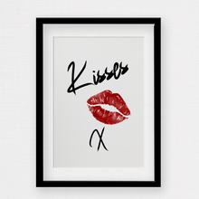 Load image into Gallery viewer, Custom black script print kisses with red lips on white background by rock lv
