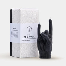 Load image into Gallery viewer, Black Hand shaped candle in black rock and roll sign  with gift box from rock lv
