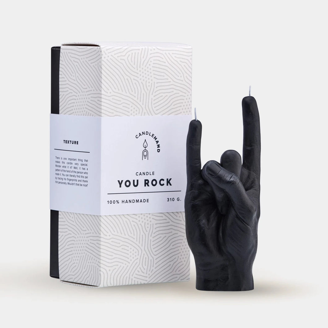 Black Hand shaped candle in black rock and roll sign  with gift box from rock lv